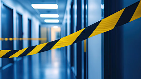 Yellow and black barricade tape stretched across a modern office corridor, signifying restricted accessの素材