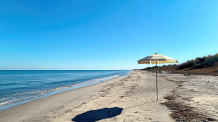 A beach umbrella on a sunny beach day, with the clear blue sky and calm ocean in the background.の素材