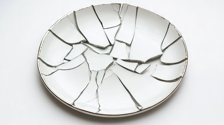 A broken ceramic plate, with sharp shards and cracked edges, placed on a white background to highlight the damage.の素材