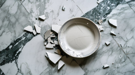 A broken ceramic plate on a marble floor with sharp fragments, creating a sense of disorder in a tidy kitchen.の素材
