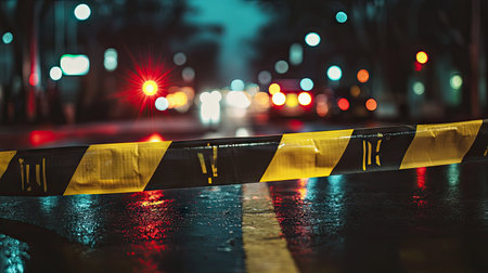 Yellow and black barricade tape surrounding a cordoned-off area at a crime scene with police lights in the distanceの素材