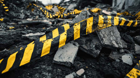 Yellow and black barricade tape draped over a pile of broken bricks and rubbleの素材
