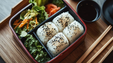 A beautifully presented Japanese bento box with stuffed onigiri, a side of fresh salad, and dipping sauce.の素材