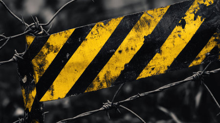 Yellow and black barricade tape hanging loosely over a barbed-wire fenceの素材