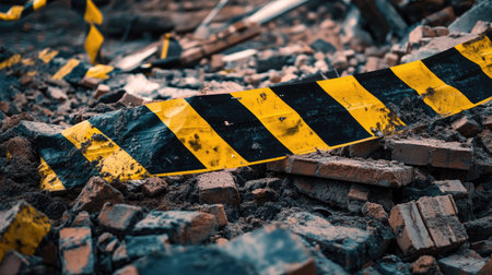 Yellow and black barricade tape draped over a pile of broken bricks and rubbleの素材