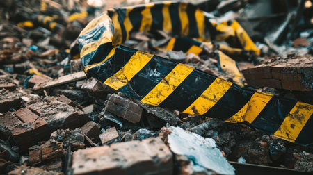 Yellow and black barricade tape draped over a pile of broken bricks and rubbleの素材
