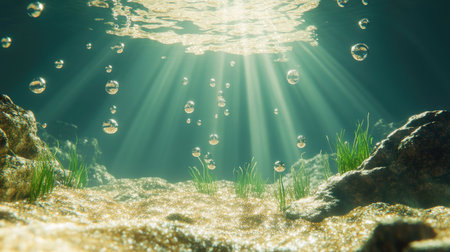 Sunlight filtering through the water, illuminating bubbles rising from the ocean floorの素材