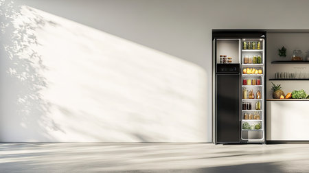 An open fridge showcasing fresh vegetables, fruits, and drinks, with a pristine white wall in the background for a clean, minimalist look.の素材