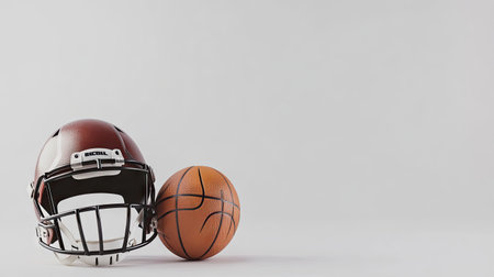 Assorted sports gear including a rugby ball, football helmet, and basketball, isolated against a plain white backdrop.の素材