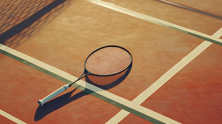 A badminton racket and shuttlecock positioned on the court, capturing the space and perspective of the court lines.の素材