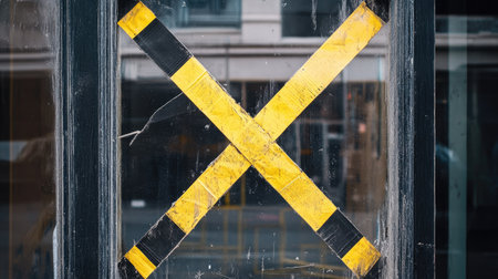 Yellow and black barricade tape forming an X shape on a closed shop window during renovationsの素材