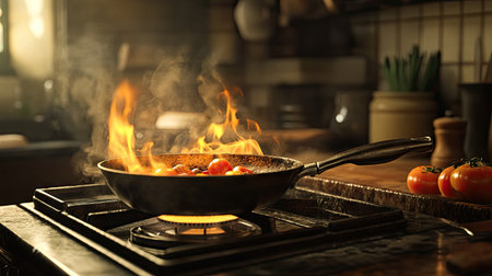 A beautiful kitchen scene with a frying pan over a gas stove, flames heating the pan for a perfect sear.の素材