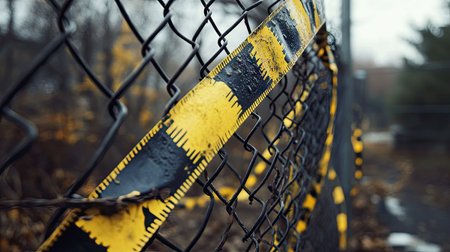 Yellow and black barricade tape hanging loosely over a barbed-wire fenceの素材