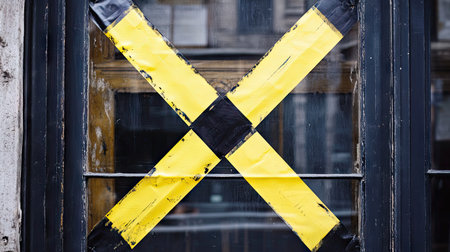Yellow and black barricade tape forming an X shape on a closed shop window during renovationsの素材