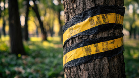 Yellow and black barricade tape wrapped around a tree in a park undergoing maintenanceの素材