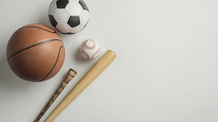Assorted sports equipment including a soccer ball, basketball, and baseball bat, isolated on a clean white backdrop.の素材