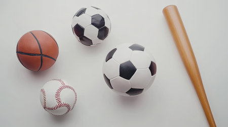 Assorted sports equipment including a soccer ball, basketball, and baseball bat, isolated on a clean white backdrop.の素材