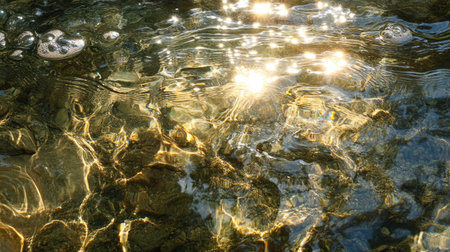 Sunlight reflecting off the surface of water as bubbles gently rise through the clear waterの素材
