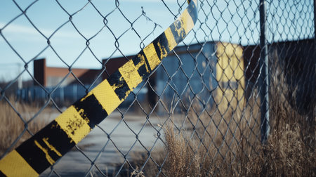 Yellow and black barricade tape fluttering on a chain-link fence at an abandoned factoryの素材