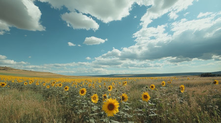 A beautiful sunflower field with bright yellow flowers, set against a dramatic cloudy blue sky.の素材