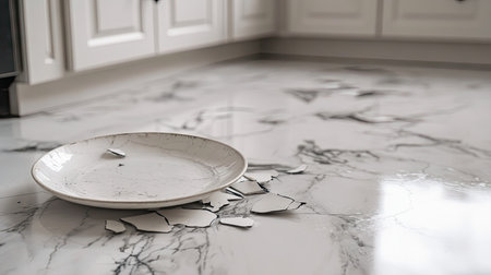 A broken ceramic plate on a marble floor with sharp fragments, creating a sense of disorder in a tidy kitchen.の素材