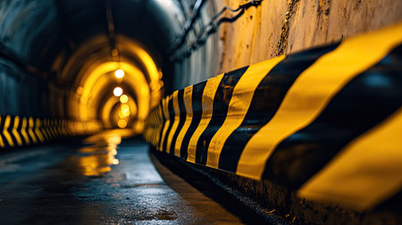 Yellow and black barricade tape blocking the entrance to a dimly lit tunnelの素材