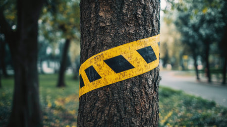 Yellow and black barricade tape wrapped around a tree in a park undergoing maintenanceの素材