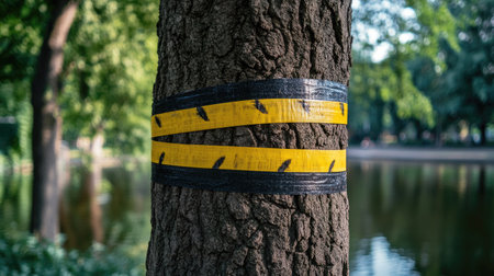Yellow and black barricade tape wrapped around a tree in a park undergoing maintenanceの素材