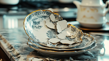 A broken ceramic plate with intricate patterns, cracked into several large pieces on a kitchen counter.の素材