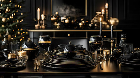 An elegant festive table setting with black-and-gold decor, candles, and matching dinnerware.の素材