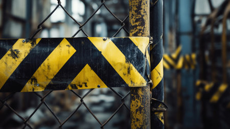 Yellow and black barricade tape fluttering on a chain-link fence at an abandoned factoryの素材