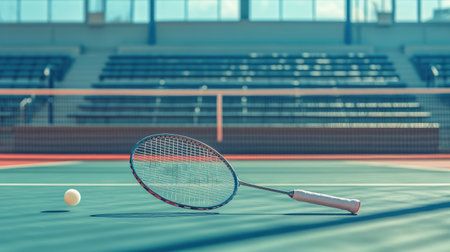 A badminton racket and shuttlecock on the court, with empty bleachers in the background and no people in sight.の素材