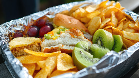 A foil food box packed with a variety of takeaway snacks like sandwiches, chips, and fresh fruit.の素材