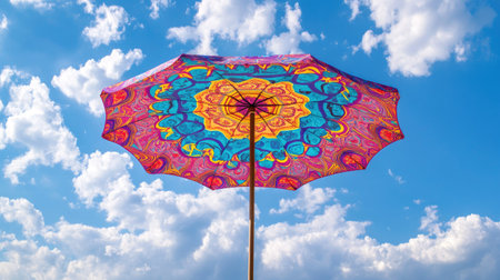 A bright beach umbrella with a unique pattern, standing out against the backdrop of a vibrant blue sky.の素材
