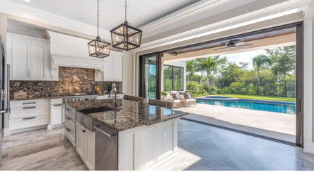 An elegant kitchen with aluminum sliding doors opening to a backyard with a swimming pool.の素材