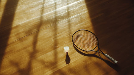 A badminton racket and shuttlecock on the court, with the light reflecting off the smooth wooden surface.の素材