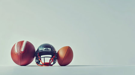 Assorted sports gear including a rugby ball, football helmet, and basketball, isolated against a plain white backdrop.の素材