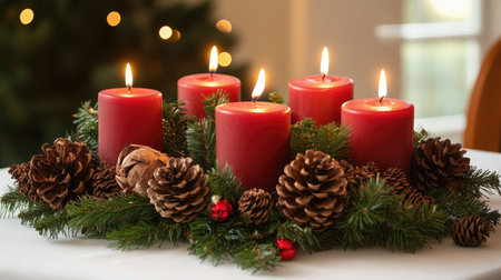 A beautifully decorated holiday table with a centerpiece of pinecones, greenery, and red candles on a white tablecloth.の素材