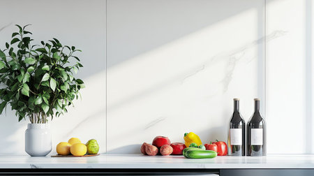 An open fridge showcasing fresh vegetables, fruits, and drinks, with a pristine white wall in the background for a clean, minimalist look.の素材