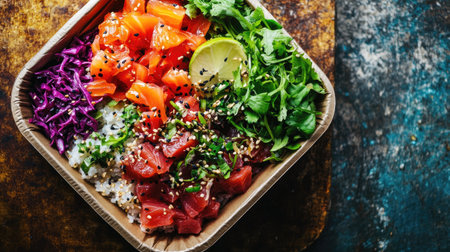A beautifully arranged poke bowl with tuna, rice, and a variety of fresh toppings, presented in a take-out container.の素材