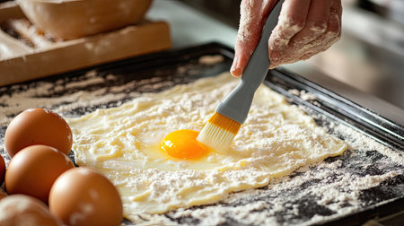 A baker brushing egg yolk on raw bread dough with a silicone brush, ensuring a golden finish after baking.の素材