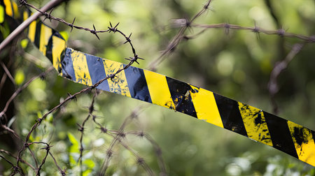 Yellow and black barricade tape hanging loosely over a barbed-wire fenceの素材