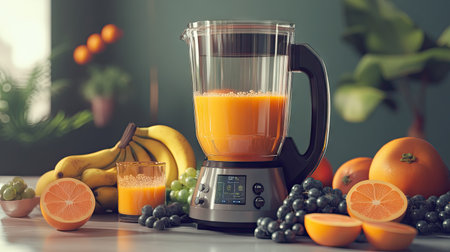 A blender surrounded by oranges, bananas, and grapes, with a glass of freshly made juice nearby.の素材
