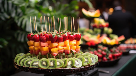 A beautiful arrangement of fresh fruit skewers, including strawberries, melon, and kiwi, ready to be served at a party.の素材