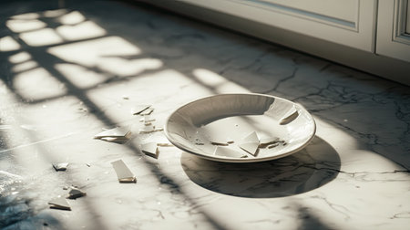 A broken ceramic plate on a marble floor with sharp fragments, creating a sense of disorder in a tidy kitchen.の素材