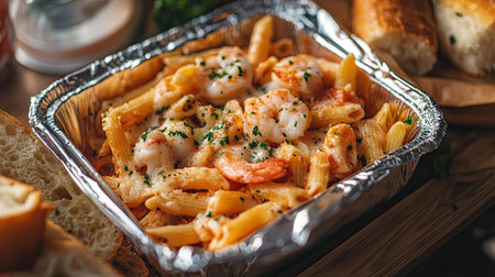 A foil food box with a portion of seafood pasta and garlic bread, freshly packed for a takeaway meal.の素材