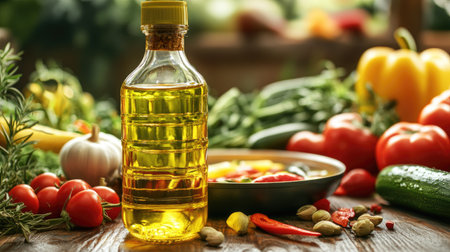A bottle of organic cooking oil pouring into a ceramic frying pan, surrounded by fresh vegetables on the counter.の素材
