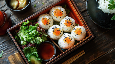 A beautifully presented Japanese bento box with stuffed onigiri, a side of fresh salad, and dipping sauce.の素材