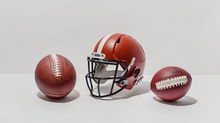 Assorted sports gear including a rugby ball, football helmet, and basketball, isolated against a plain white backdrop.の素材