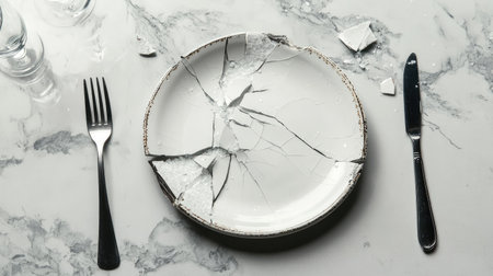 A broken ceramic dinner plate with visible cracks and pieces, lying on a clean kitchen surface with a fork and knife nearby.の素材